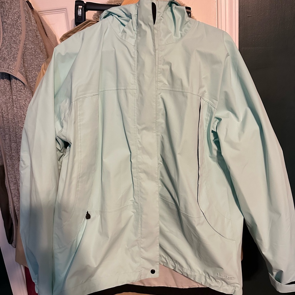 LL Bean aqua women’s rain jacket with hood size large